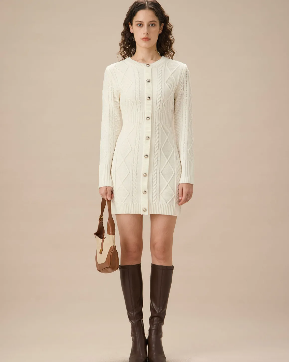 White Round Neck Bodycon Sweater Dress