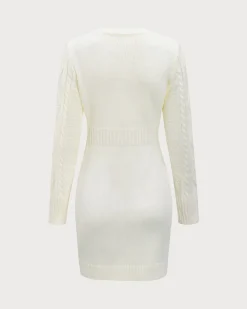 White Round Neck Bodycon Sweater Dress