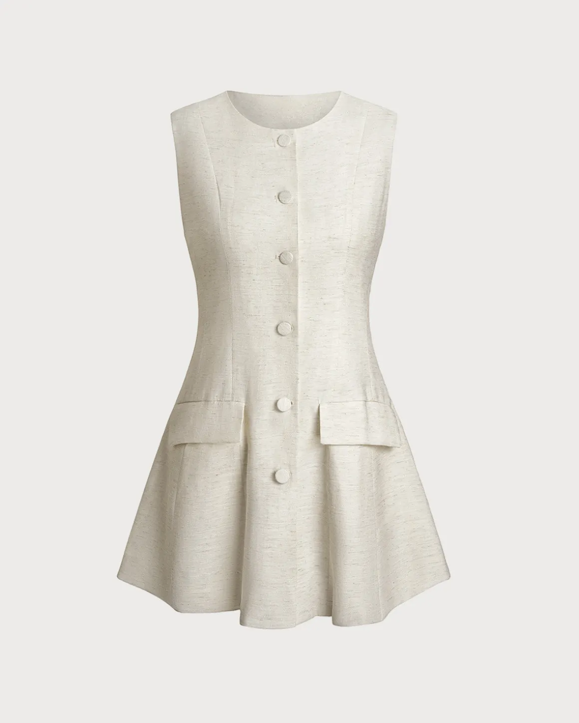 White Round Neck Button Sleeveless Mini Dress