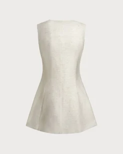 White Round Neck Button Sleeveless Mini Dress