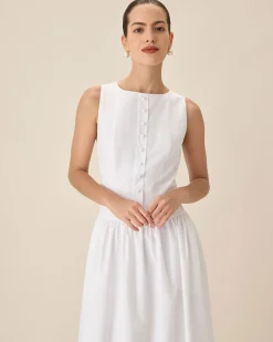 White Round Neck Pocket Maxi Dress