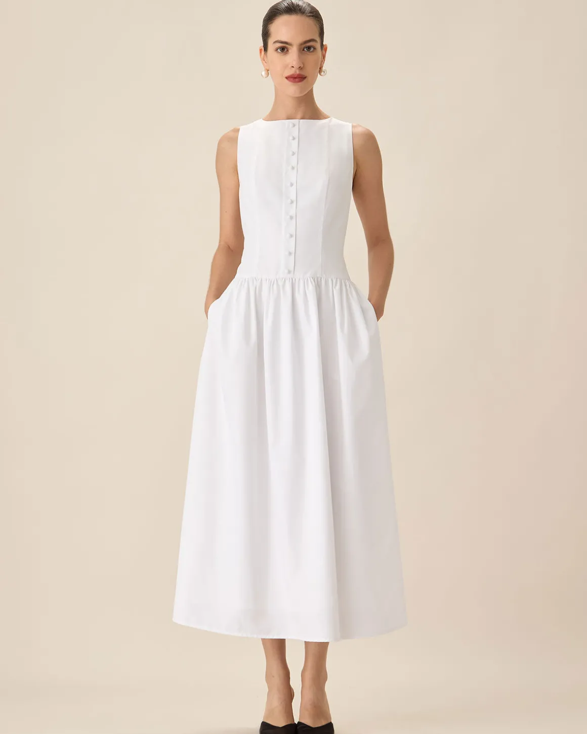 White Round Neck Pocket Maxi Dress