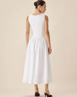 White Round Neck Pocket Maxi Dress