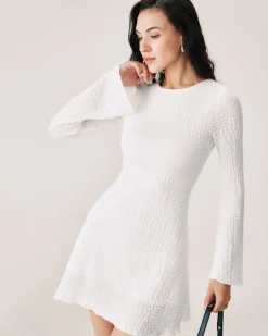 White Ruched Bell Sleeve Mini Dress