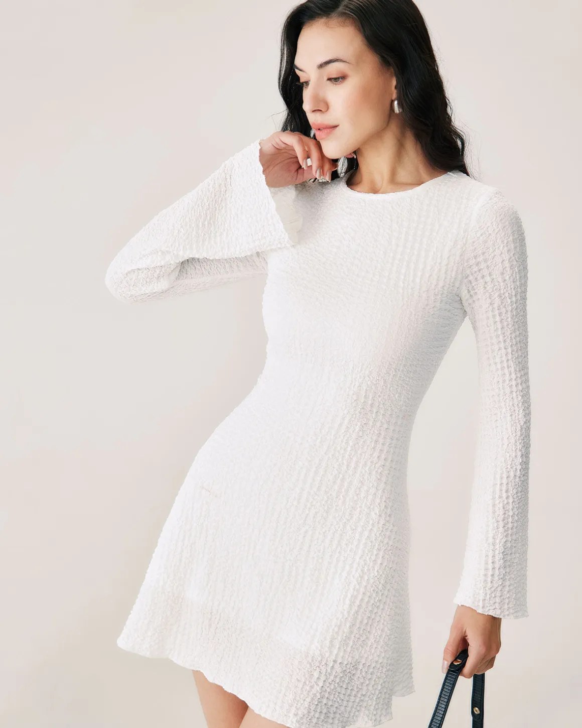White Ruched Bell Sleeve Mini Dress