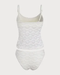 White Ruched Mesh Flower Tankini Swimsuit