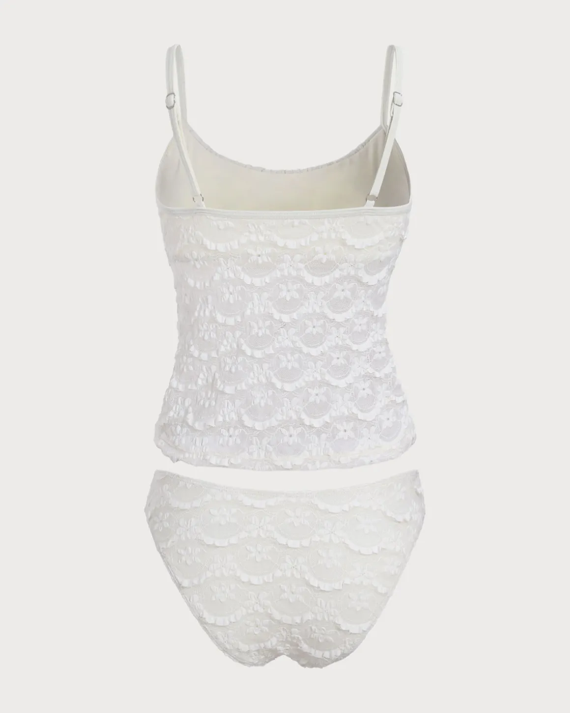 White Ruched Mesh Flower Tankini Swimsuit