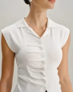 White Ruched Single Breasted Cardigan