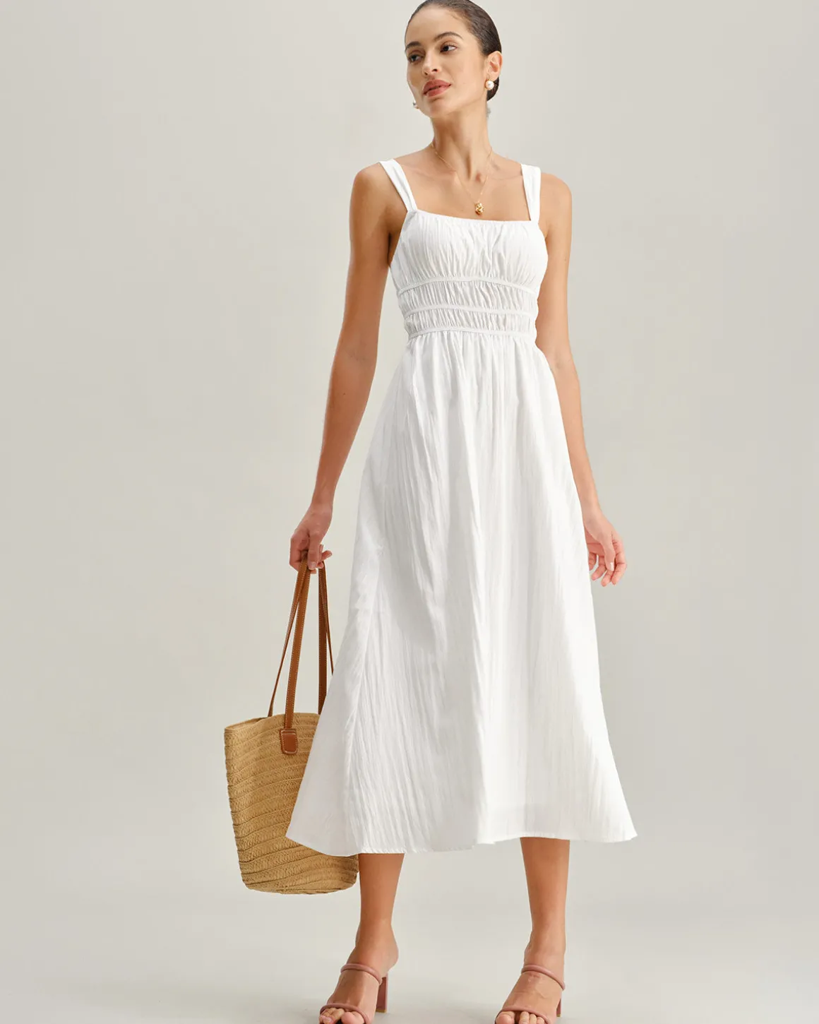 White Ruched Slip Maxi Dress