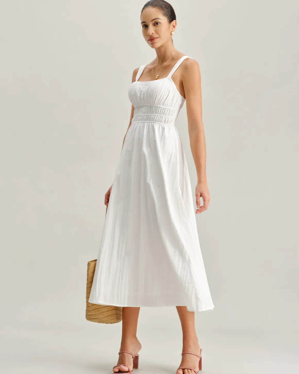 White Ruched Slip Maxi Dress