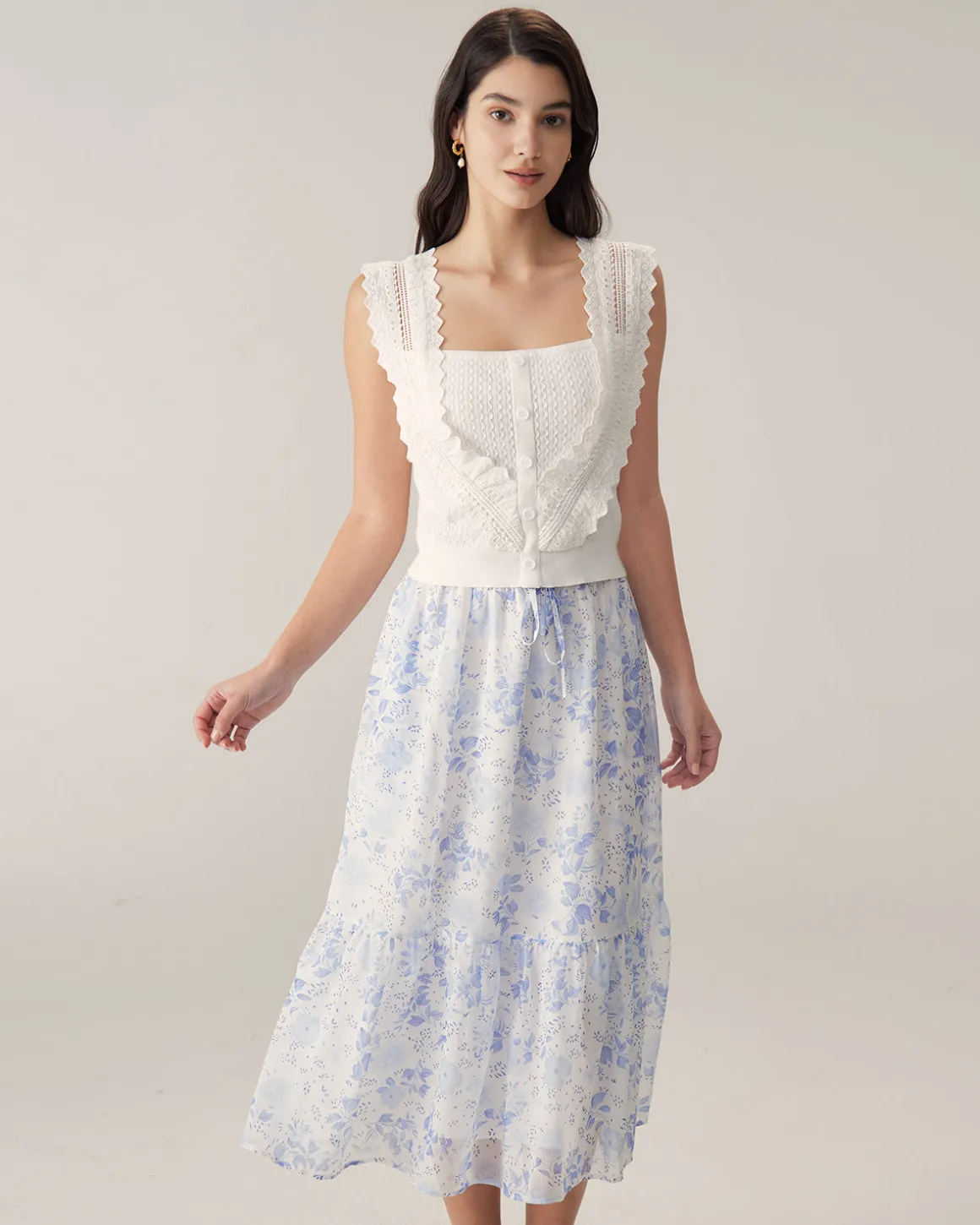White Ruffle Embroidery Tank