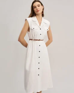 White Sleeveless Belted Midi Dress