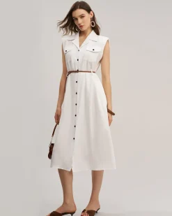 White Sleeveless Belted Midi Dress