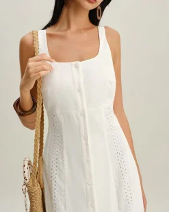 White Square Neck Button Slip Midi Dress