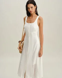 White Square Neck Button Slip Midi Dress