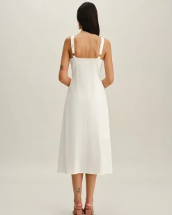 White Square Neck Button Slip Midi Dress