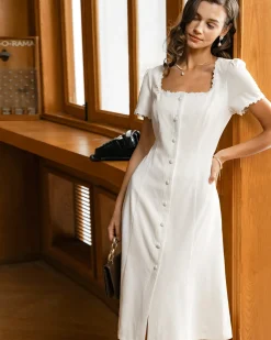 White Square Neck Button Midi Dress