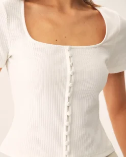 White Square Neck Ribbed Knit Tee
