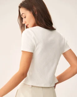 White Square Neck Ribbed Knit Tee