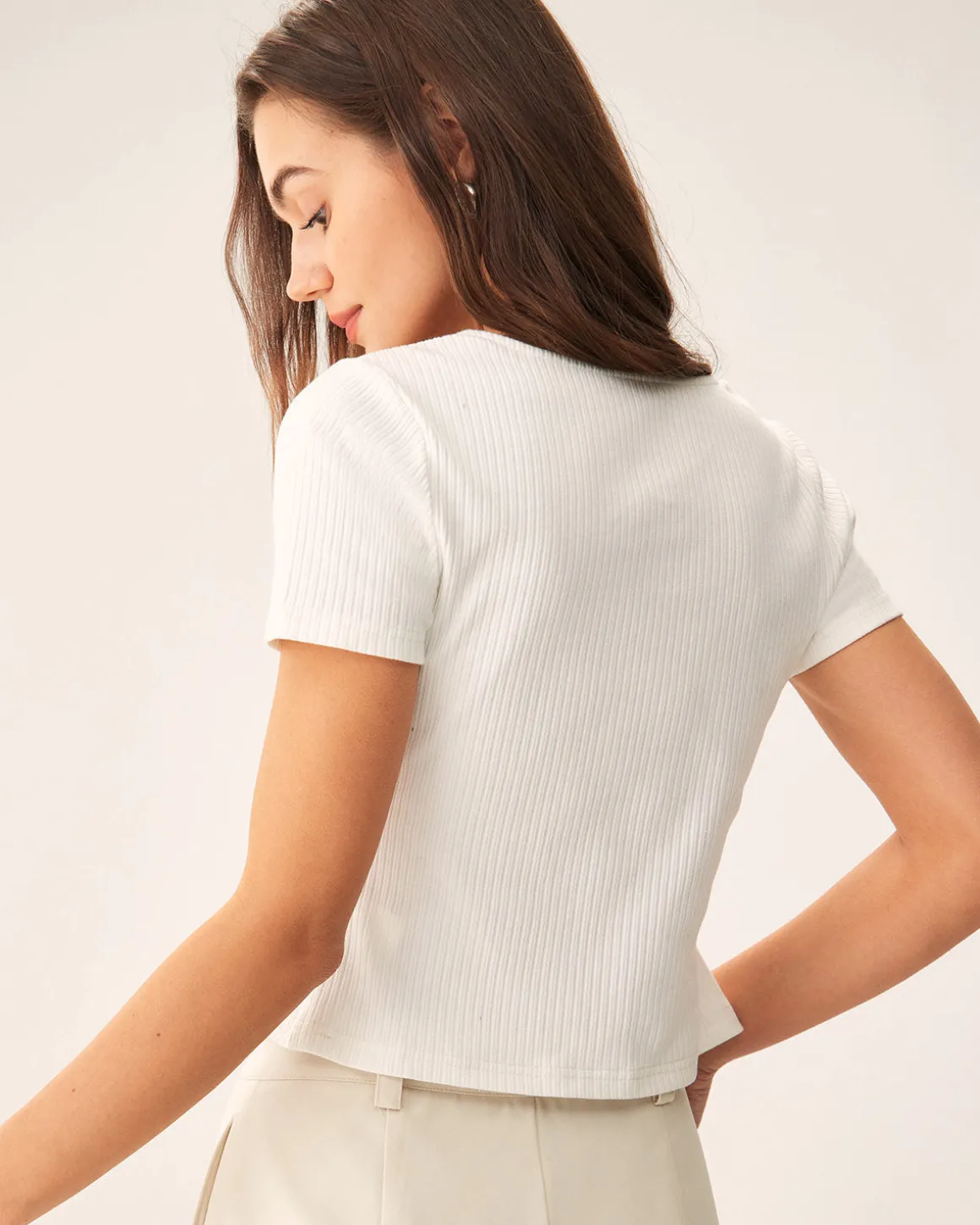 White Square Neck Ribbed Knit Tee