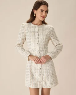White Square Neck Tweed Mini Dress