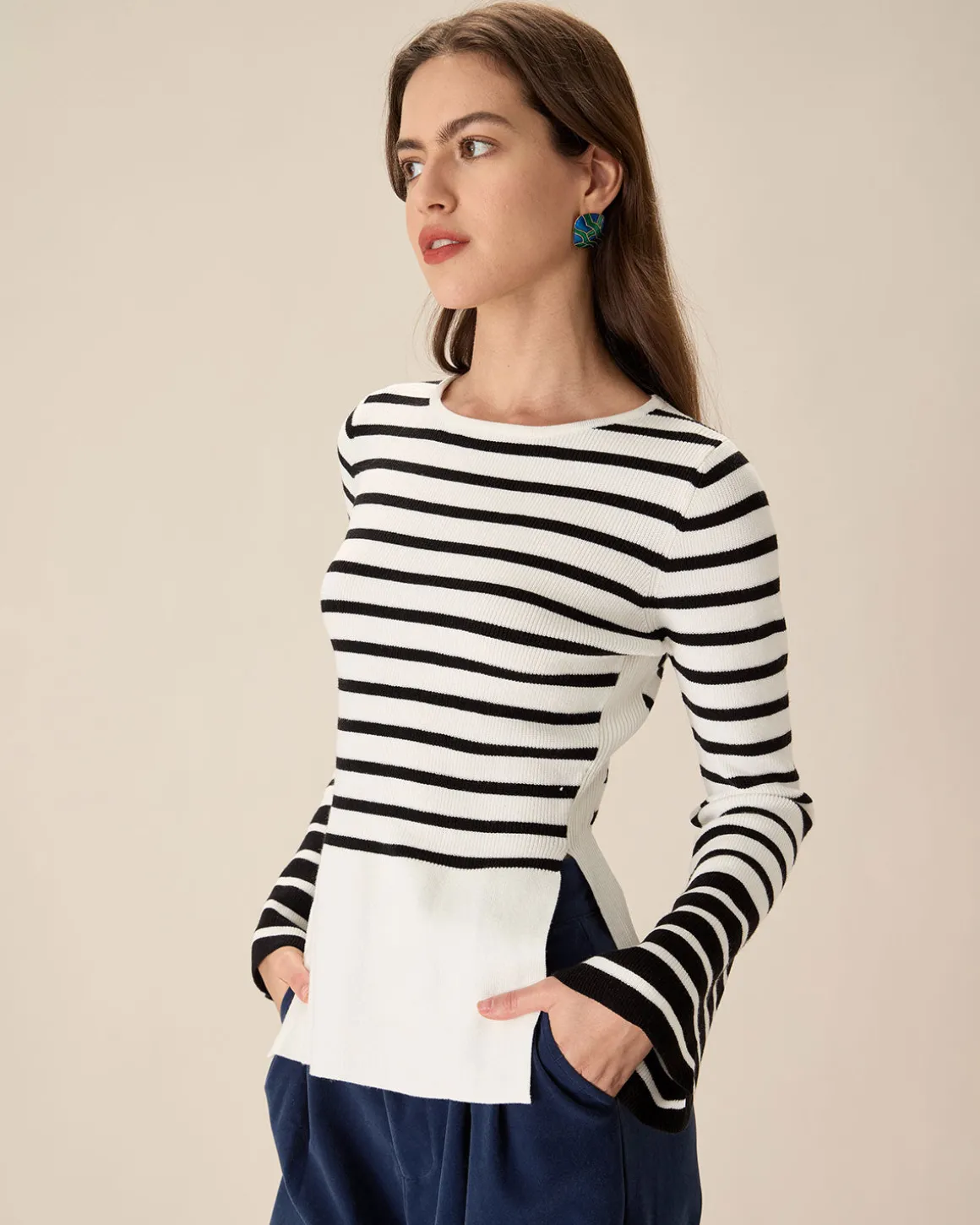 White Striped Boat Neck Sweater