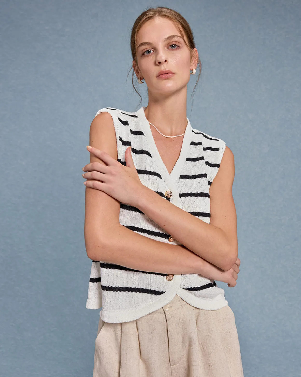 White Striped Single Breasted Vest