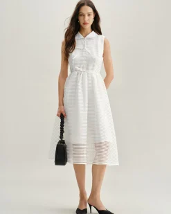 White Striped Sleeveless Midi Dress