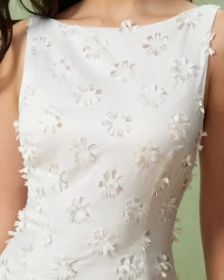 White Textured Boat Neck Sleeveless Mini Dress