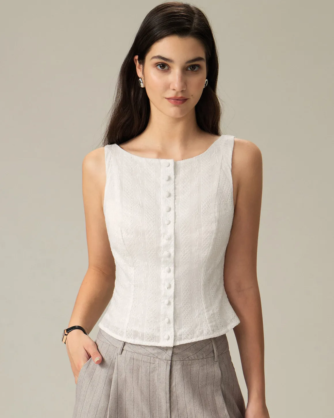 White Textured Boat Neck Button Vest