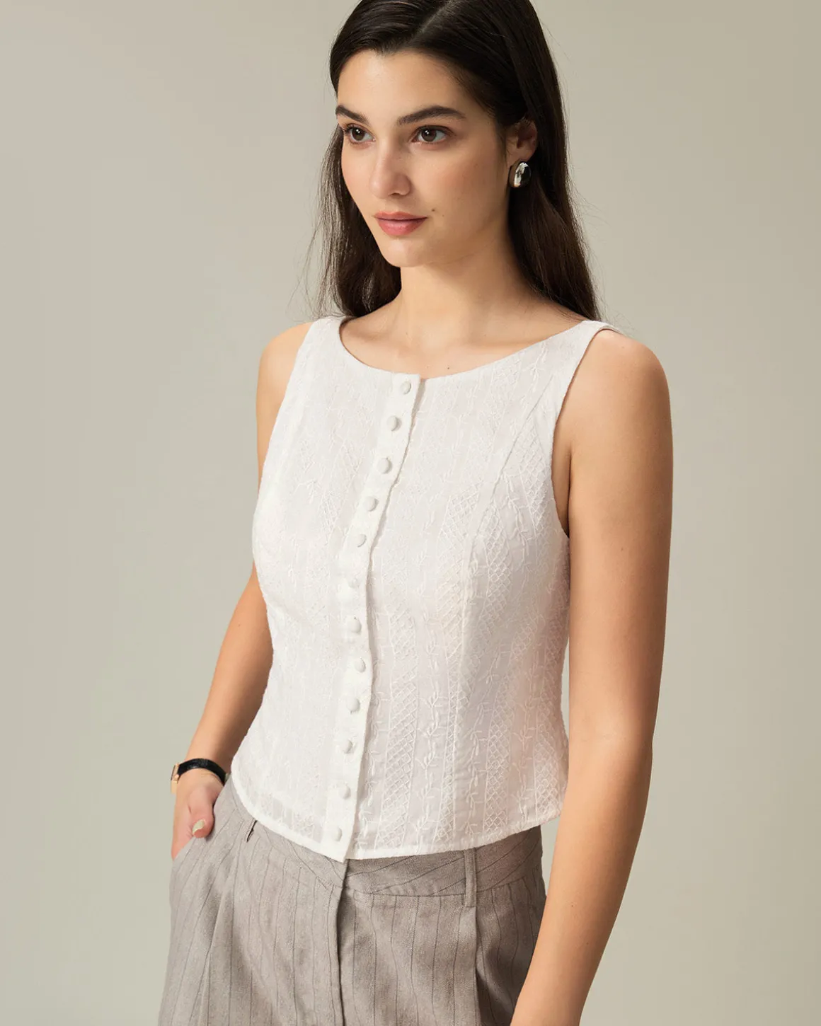 White Textured Boat Neck Button Vest