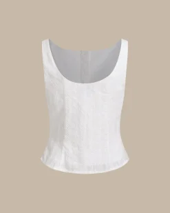White Textured Boat Neck Button Vest