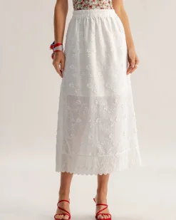 White Textured Elastic Waist Midi Skirt