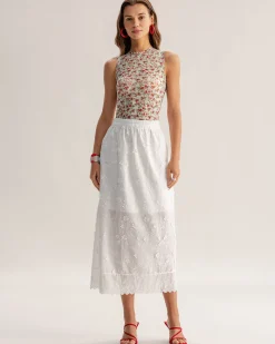 White Textured Elastic Waist Midi Skirt