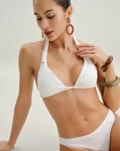 White Textured Halter Triangle Bikini Set