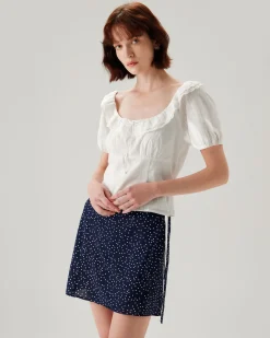 White Textured Scoop Neck Ruffle Blouse