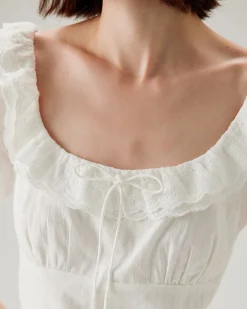 White Textured Scoop Neck Ruffle Blouse