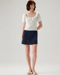 White Textured Scoop Neck Ruffle Blouse