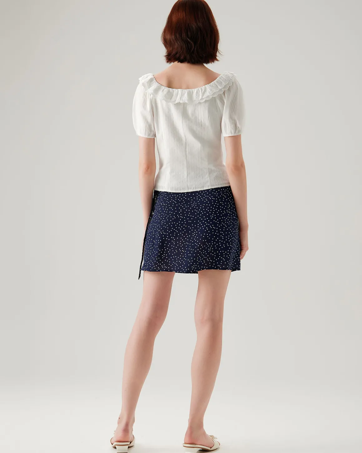 White Textured Scoop Neck Ruffle Blouse