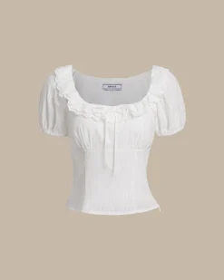 White Textured Scoop Neck Ruffle Blouse