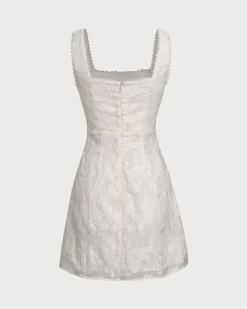 White Textured Square Neck Slip Mini Dress