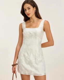 White Textured Square Neck Slip Mini Dress