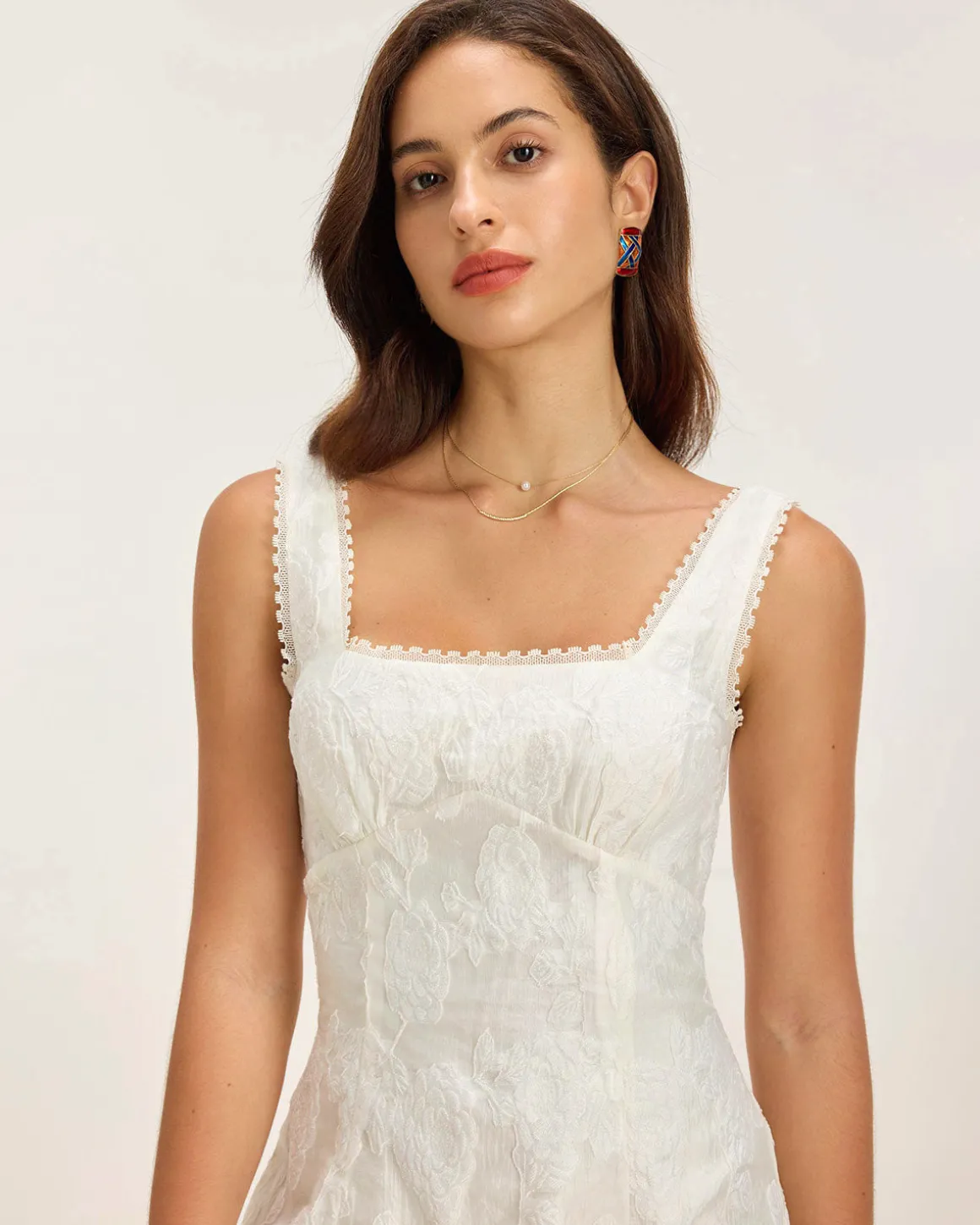 White Textured Square Neck Slip Mini Dress