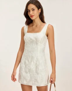 White Textured Square Neck Slip Mini Dress