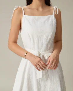 White Textured Square Neck Slip Midi Dress