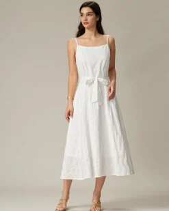 White Textured Square Neck Slip Midi Dress