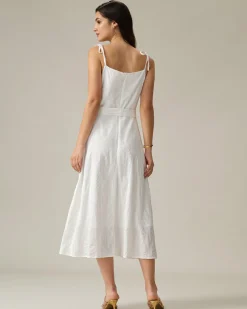 White Textured Square Neck Slip Midi Dress