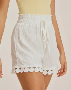 White Textured Tie Waist Shorts