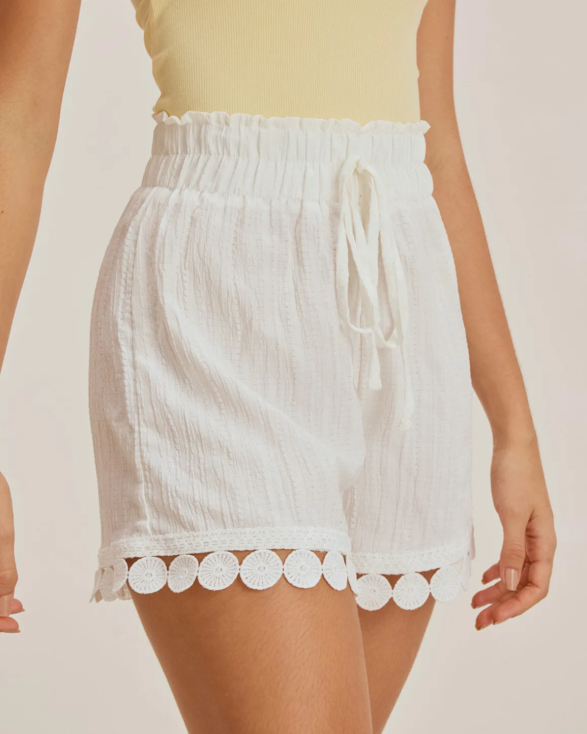 White Textured Tie Waist Shorts