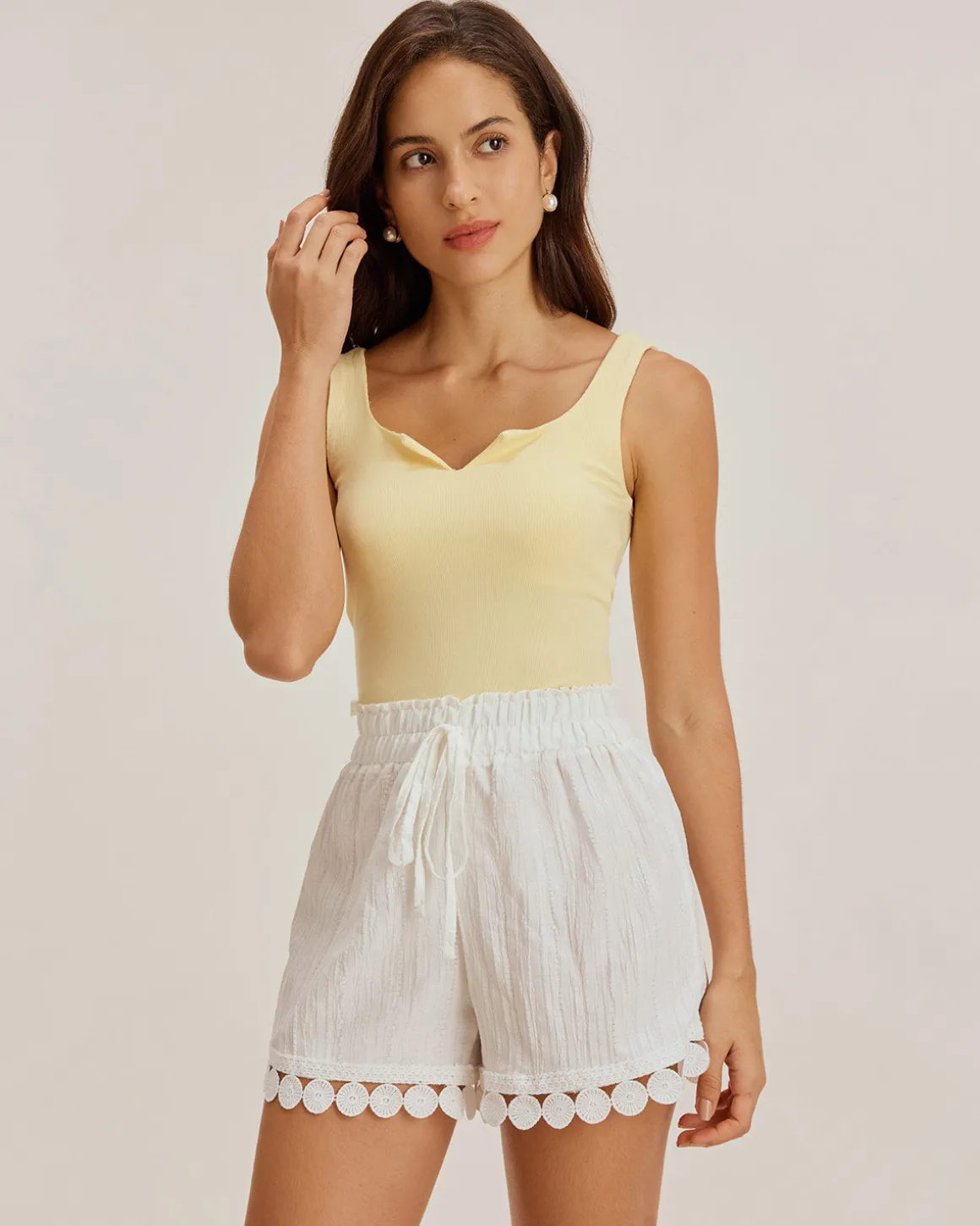 White Textured Tie Waist Shorts